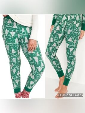 Old Navy Green Thermal-Knit Pajama Leggings Holiday Christmas Tree Print Size S